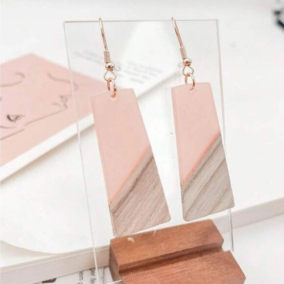Wooden Geometric Drop Earrings - Picture 3 of 11
